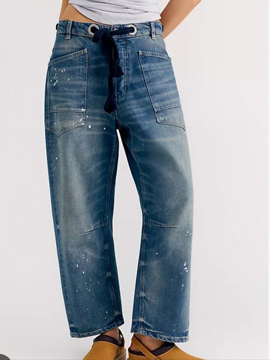 Free People Denim - Free People Moxie Low Slung Paint Splatter Barrel Jeans 33 Long Artsy